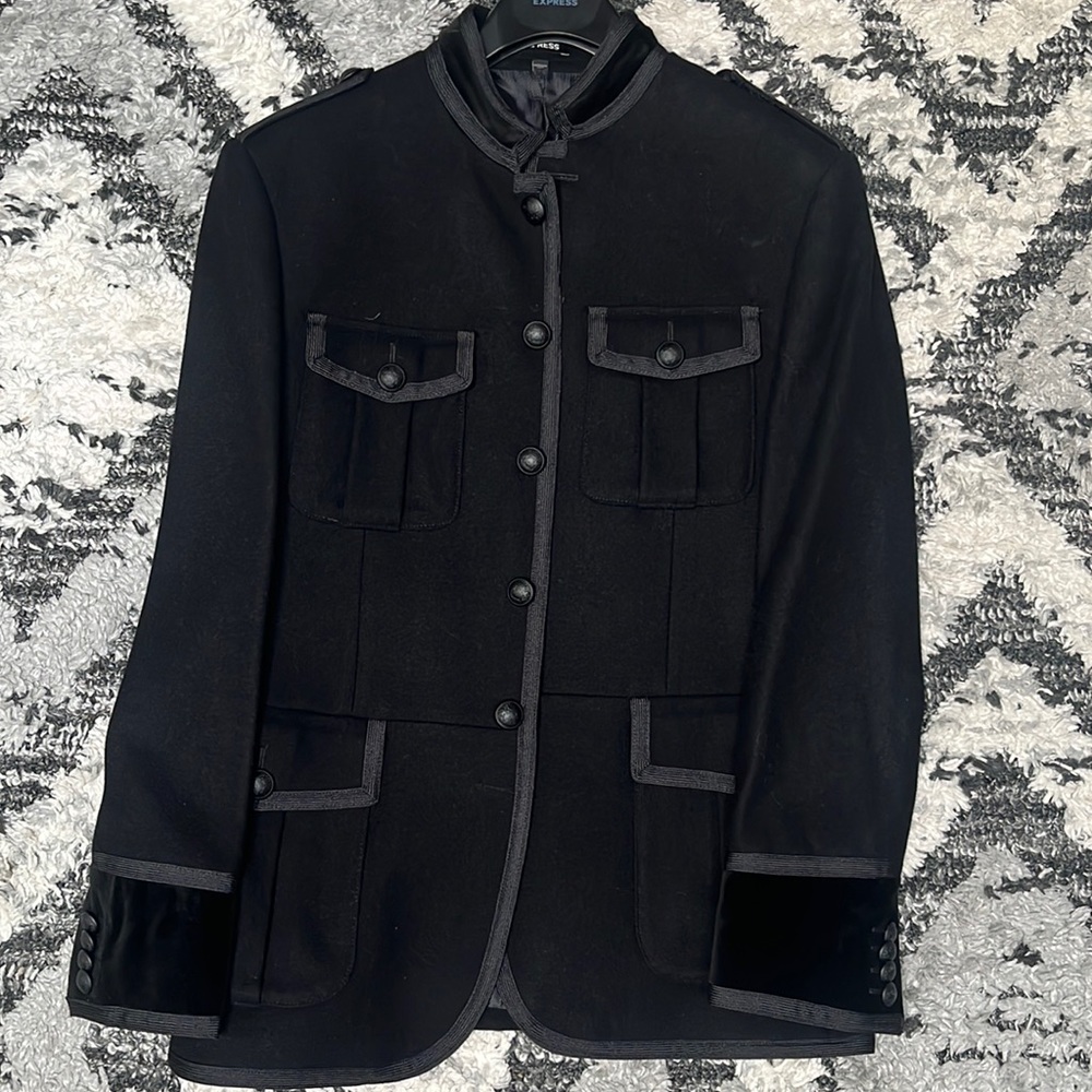 Express Slim Velvet Military Aviator Jacket Sz 42R Men's Black Button Velour